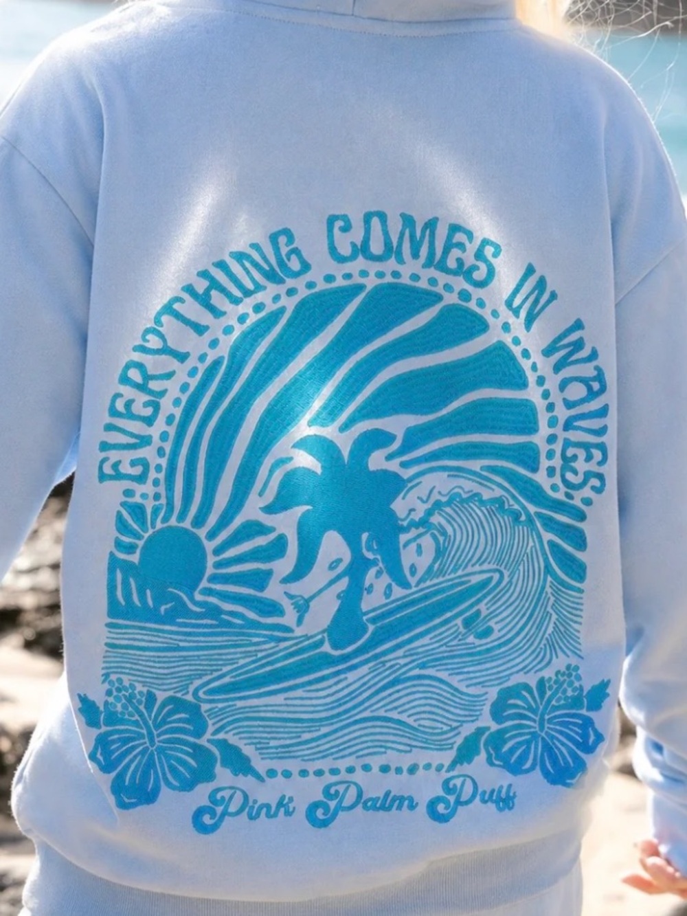 Pink Palm Puff Light Blue Teen Hoodie with Turquoise Surf Graphic